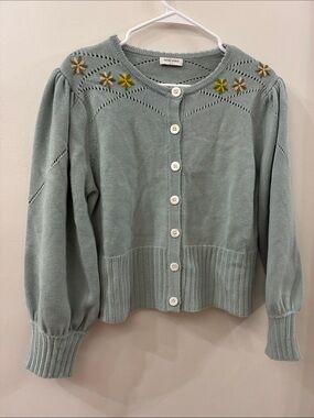 Petite Studio blue Embroidered Knit Cardigan - wool/cotton blend - medium